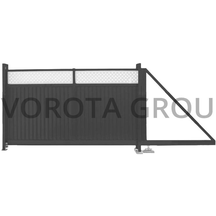 Откатные ворота на винтовых сваях Alutech из профнастила серого цвета 2600x2100